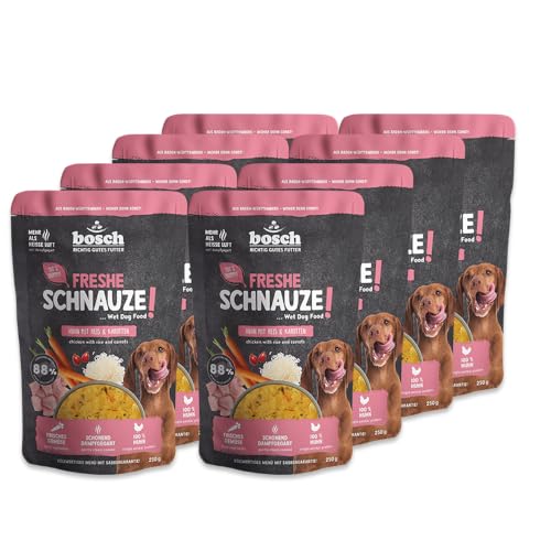 Bosch Freshe Schnauze Huhn mit Reis und Karotten 8 x 250 g Schonend Dampfgegartes Nassfutter für Hunde Vollwertiges Alleinfuttermittel mit hohem Fleischgehalt 8 x 250 g Hundenassfutter