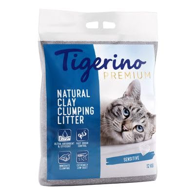 Tigerino Kanada Katzenstreu 12 kg Sensitive Premium Qualität Klumpstreu aus Kanada 100% natürlicher Ton 350% Saugfähigkeit staubfrei sehr sparsam