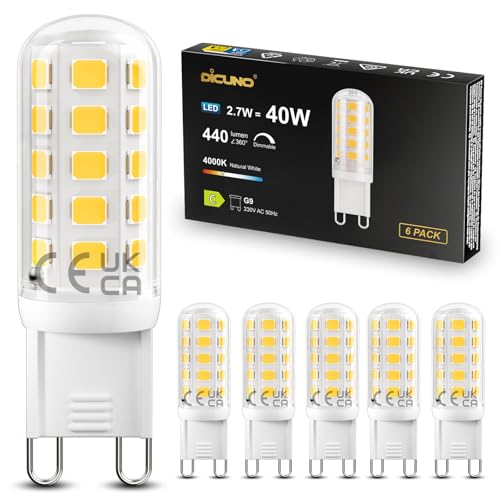 DiCUNO G9 LED Lampe dimmbar 2 7W ersetzt 40W Halogen 4000K Neutralweiß 440lm 360 Abstrahlwinkel Label C T4 LED Birne für Kronleuchter Deckenleuchte flimmerfrei 230V AC 6er Pack