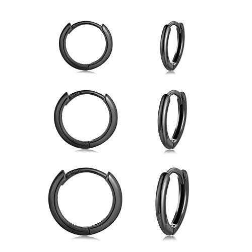 CERSLIMO Silber 925 Silber Schwarz für Damen Herren Klein Schwarz Set 8mm 10mm 12mm Zierliche Knorpel Tragus Helix Schlafen