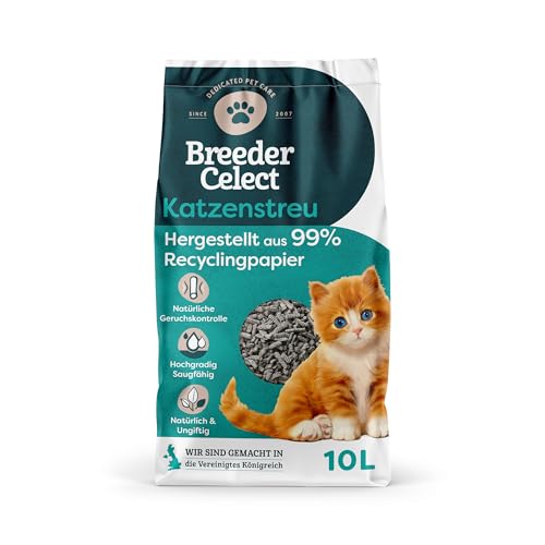 Breeder Celect Natürliches Katzenstreu 10L - 99% Recyclingpapier Saugfähige Katzenstreu Pellets Optimale Geruchskontrolle Nicht klumpend Biologisch abbaubar Kompostierbar