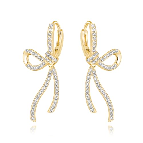 SLUYNZ Sterlingsilber CZ Schleife Creolen Ohrringe für Frauen Damen Strass Schleife Creolen Huggie B-Gold