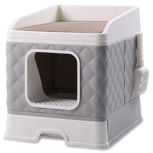 GLOBANI XXL Katzentoilette mit Deckel Geschlossene Katzenklo mit Schublade Kratzmatte Schaufel Geruchsdicht hygienisch ideal für große Katzen - grau Grau