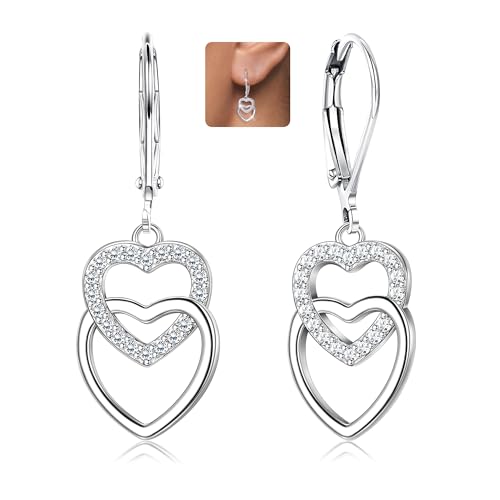 LOLIAS 925 Sterling Silber Herz Ohrhänger Ohrringe für Damen Mädchen Silber Creolen Mehrfarbige Zirkonia Baumeln Ohrringe Hypoallergene Doppelherz Huggie Creolen Ohrringe
