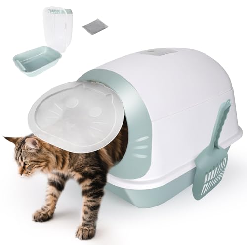 Katzenklo Masthome Katzentoilette mit Deckel Katzen Klo Geschlossen für Katzen Jeden Alters Cat Litter Box Katzentoiletten mit Kunststoffschaufel und Aktivkohlefilter Blau Weiß