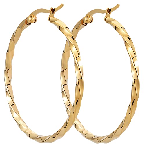 BONNYBIRD Groß Gedreht Statement Goldene Frauen Kreolen Hoops 40mm Vergoldet Chirurgenstahl Medizinisch Nickelfrei Dünn Rund