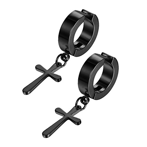 JewelryWe Schmuck Unisex Creolen Ohrringe Edelstahl Kreuz Ohrhänger ohne Loch Fake Ohrstecker Ohrclips Klappcreolen Huggie Schwarz