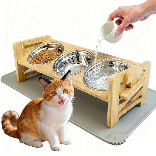 Katzennapf Erhöht mit 3 Futternapf Edelstahl Futterstation napfset katzenfressnapf katzenfutternapf Fressnapf und Wassernapf für Katzen und kleine Hunde Verstellbare Futterstation