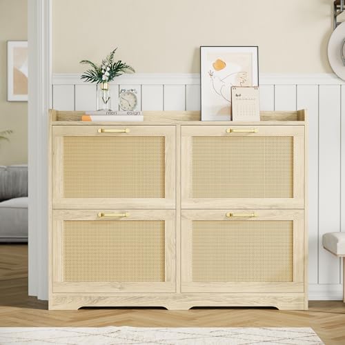 GarveeHome Rattan-Schuhschrank Mit 4 Klappschubladen Versteckter Schuhregal Mit Verstellbarem Regal Freistehender Schuhschrank Aus Holz Mit Belüftung Für Den Eingangsbereich Flur