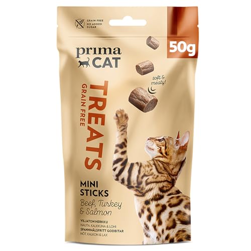 PrimaCat - Getreidefreie Softy Mini Sticks Katzenleckerlis Geschmacksrichtung Rind Truthahn und Lachs 50g