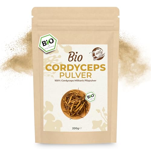 Curly Superfood Cordyceps Pulver Bio 200g - 100% Bio Cordyceps Militaris in naturreiner BIO Rohkostqualität - Fein gemahlen für Smoothies Säfte Speisen - Chinesischer Raupenpilz