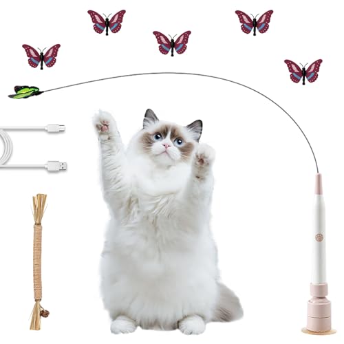 Flederi Electric Butterfly Toy for Active Cats Cat Butterfly Toy with Butterflies and Suction Cup Active Play Happy Cat Intelligent Stimulation Indoor and Outdoor Rosa Ladeanzeige 5 Schmetterlinge
