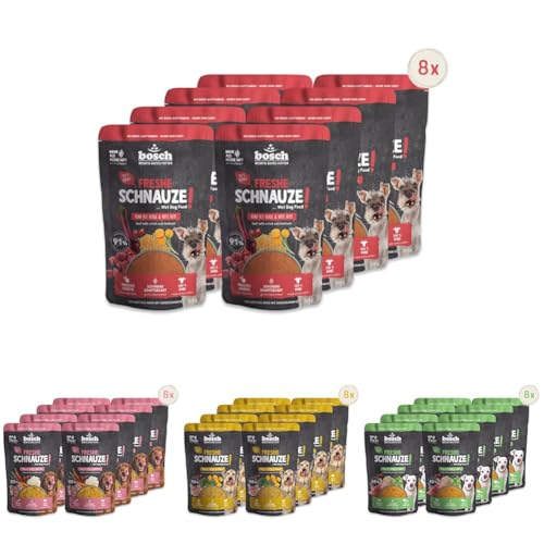 Multipack Bosch Freshe Schnauze 32 x 250 g Schonend Dampfgegartes Nassfutter für Hunde 4 Sorten mit 8 x 250 g Rind Pute Huhn mit Kürbis Huhn mit Reis Hundefutter Vorteilspack Bosch