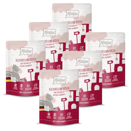 MjAMjAM - Premium Nassfutter für Katzen - Quetschie kulinarischer Hirsch und Truthahn an frischen Cranberries 300g 6er Pack 6 x 300g naturbelassen mit extra viel Fleisch