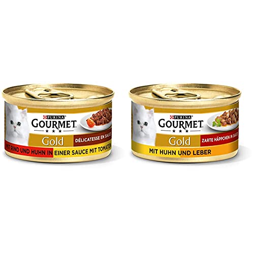 PURINA GOURMET Gold D licatesse en Sauce Katzenfutter nass mit Rind und Huhn 12er Pack 12 x 85g Gold Zarte Häppchen in Sauce Katzenfutter nass mit Huhn und Leber 12er Pack 12 x 85g