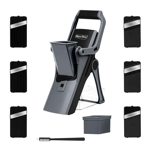 Genius Gemüseschneider Nicer Dicer Mando 12tlg. Gemüsehobel Gemüse Schneider Gurkenhobel Mandoline Vegetable Chopper mit 6 austauschbaren Klingen Küchenhobel Schwarz-Grau