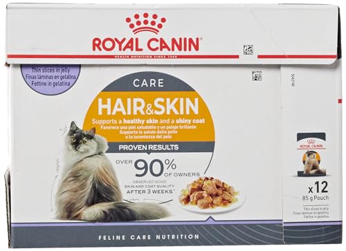 Royal Canin Hair Skin Care Jelly 12 x 85g Alleinfuttermittel für ausgewachsene Katzen Feine Stückchen in Gelee Kann zu einem gesunden Fell beitragen