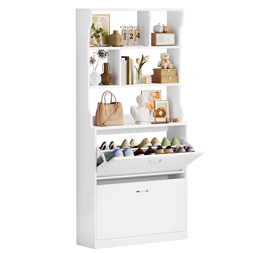 IRONCK Schuhschrank mit 2 Klappen Schuhkipper Schmal Schuhregal mit offenes Fach Hohe Schuhaufbewahrung Holz Schuhkommode mit verstellbaren Trennwände für Flur Eingang Wohnzimmer 80x24x165cm Weiß