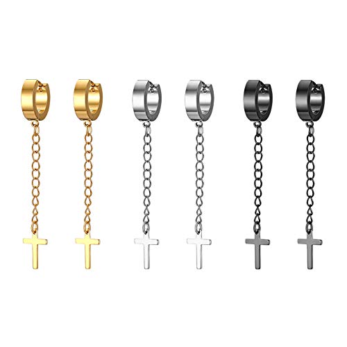 JewelryWe Kreuz Ohrringe Herren Damen 3 Paar Set Edelstahl Creolen Huggie Ohr Manschette Ohrstecker Ohrhänger mit Lange Kette Baumelnde Kreuz Anhänger Unisex Hängende Ohrringe gold schwarz silber