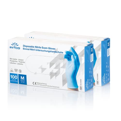 INTCO Einweghandschuhe aus Nitril blau staubfrei latexfrei ideal für Tätowierer medizinische Bereiche ästhetische Zentren Lebensmittelhandhabung 100 Stück 200 l