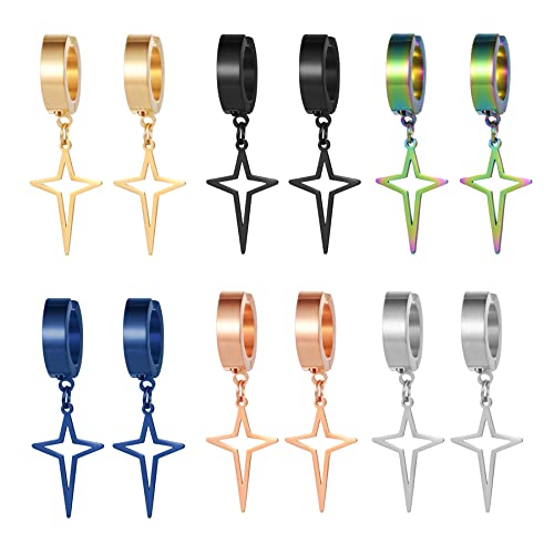 Flongo Herren Kreuz Ohrstecker Creolen Damen Ohrringe Ohrhänger in Silber Schwarz Rose Gold Bunt Stecker mit hängenden Stern Anhänger für Männer Frauen 6 Paar Set