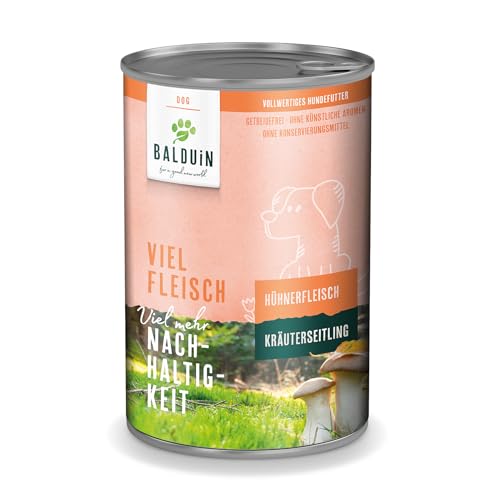 BALDUIN Nassfutter für Hunde Huhn Kräuterseitling 400g vollwertige Nassfutter einzigartiger Kombination aus Hühnerfleisch und Pilz Mix