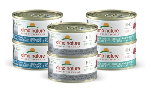 Almo Nature Multipack 6x70g - Verschiedene Sorten mit Thunfisch 2X Thunfisch Huhn und Käse - 2X Thunfisch mit Jungsardellen - 2X Forelle und Thunfisch