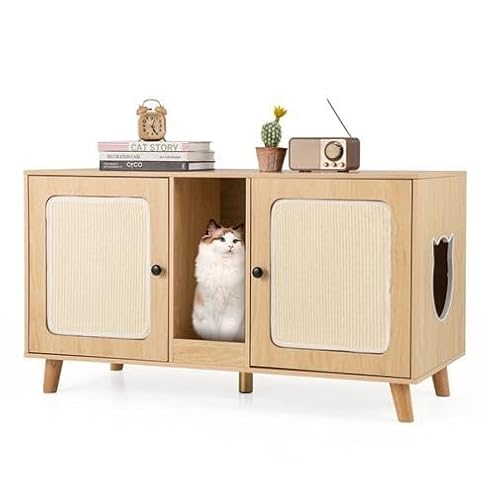 FANTASK Katzenklo Schrank für Katzentoilette Katzenklo mit 2 Türen Kratzbrett 2 Sisal-Kratzmatten Eingang Katzenhaus für 2 Katzen Beistelltisch 108 x 50 x 60 cm Natur