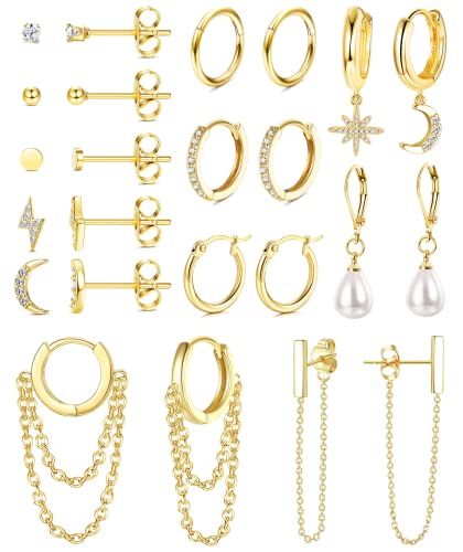 Morfetto Ohrring-Set fÃ¼r mehrere Piercing-Kettenohrringe Gold-Ohrring-Set Ohrstecker Creolen-Set Mond- und Stern-Perlen-Ohrringe Golden