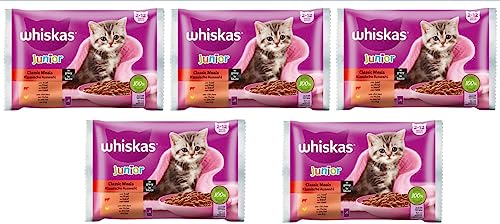 Whiskas Junior Hochwertiges Katzennassfutter Klassische Auswahl in Sauce mit Rindfleisch und Huhn 20 Portionsbeutel 5x4x85g für heranwachsende Katzen von 2 bis 12 Monaten