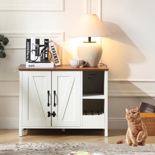 FOREST GRAVITY Katzenschrank Katzentoilette Groß Katzenklo Schrank Large Cat Litter Box Furniture Modern 81 50 60 cm Katzenhaus mit Tür und Separater Trennwand Antikes Weiß