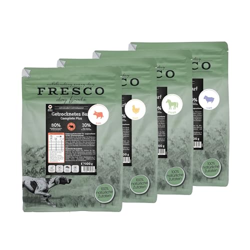 FRESCO Dog Complete Plus Trockenbarf Kennenlernpaket 4x300g Barf Trockenfutter für Hunde aus frischem Fleisch Obst und Gemüse 100% natürliche Zutaten ohne künstliche Zusätze