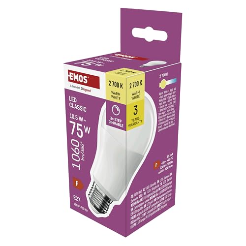 EMOS - Dimmbare LED Lampe Classic 10 5W - A60-Birne Ersatz für 75W Glühbirne - E27 Sockel Helligkeit 1 060 lm Warmweiß 2700 K 30000 h Lebensdauer - CRI min. 80 160 Abstrahlwinkel - Step-Dimmen