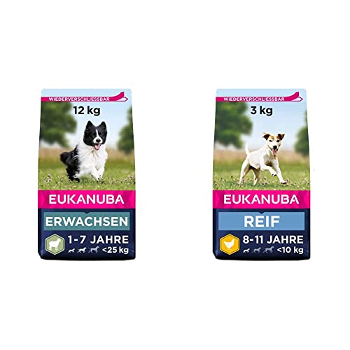 Eukanuba Hundefutter mit Lamm Reis für kleine und mittelgroße Rassen - Trockenfutter für ausgewachsene Hunde 12 kg Hundefutter mit frischem Huhn für kleine Rassen für reife Hunde 3 kg