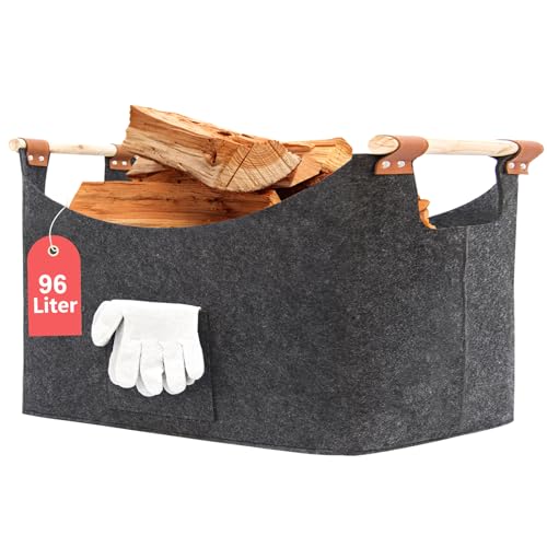 FINEW Holzkorb für Kaminholz 96L Kaminholzkorb mit Handschuhen 60 x 40 x 40CM Große Filzkorb Feuerholzkorb zur Aufbewahrung von Brennholz Zeitungen Holz