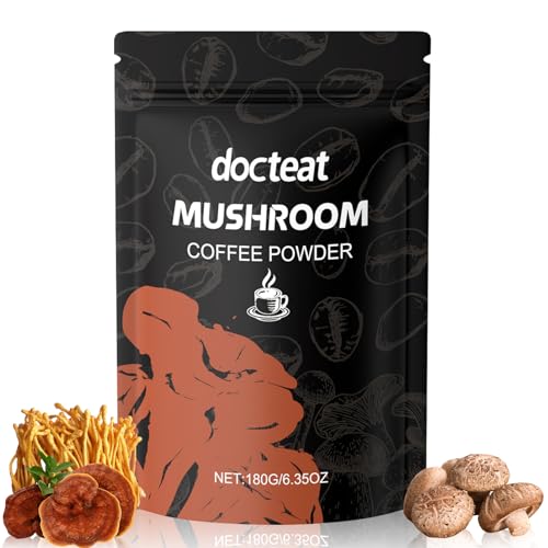 Mushroom Coffee - Pilzkaffee über 6 Pilze mit Löwenmähne Shiitake Chaga Reishi Cordyceps mehr mit Adaptogenen Probiotika Instant-Arabica-Kaffee Veganes Pilzkaffeepulver Mushrooms Pulver Bio 180g