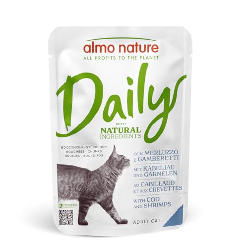 Almo Nature Daily - Nassfutter für Katzen - Kabeljau und Garnelen - 70 g Packung mit 30