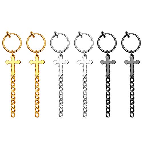 OIDEA Unisex Ohrringe Kreuz Creolen 3 Paare Herren Damen Ohrclips mit Lange Kette Edelstahl Schwarz Silber Gold Ohrschmuck Set Geschenk für Männer Frauen