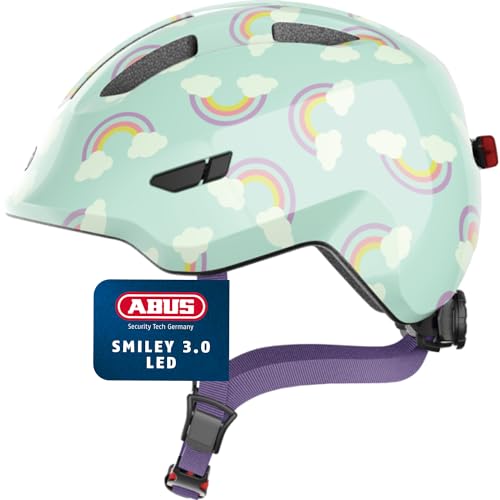 ABUS Kinderhelm Smiley 3.0 LED   Licht   tiefe Passform Platz für einen Zopf   für Mädchen Jungs   Hellblau Regenbogen Musteröße M