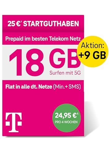 Telekom MagentaMobil Prepaid XL SIM-Karte ohne Vertragsbindung 5G inkl. I 27 GB Allnet Flat Min SMS in alle dt. Netze EU-Roaming I Surfen mit 5G LTE Max Hotspot Flat I 25 EUR Startguthaben