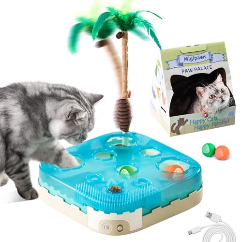 Migipaws Katzenspielzeug 7-in-1 elektrisches interaktives Katzenspielzeug rollender Ball Flexible Angel mit Federn Katzenminze Katzen Fellpflege Pappkatzenhaus Pfoten Palast für Hauskatzen