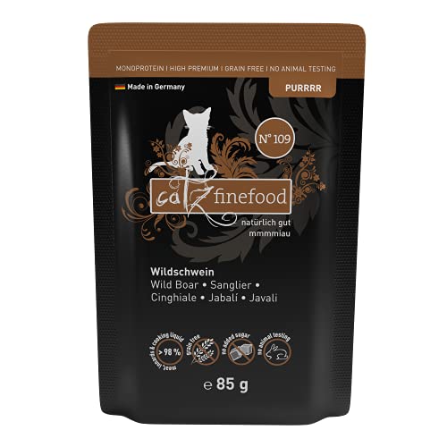 catz finefood Purrrr Wildchwein Monoprotein Katzenfutter nass N 109 für ernährungssensible Katzen 70% Fleischanteil 16 x 85g Beutel