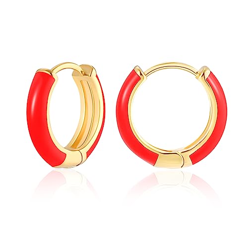 MESOVOR Kleine Goldene Creolen Ohrringe für Damen 18 Karat Vergoldete Leichte Huggie-Ohrringe Hypoallergene Ohrringe aus Emaille Geschenke für Mädchen Heißes Rot