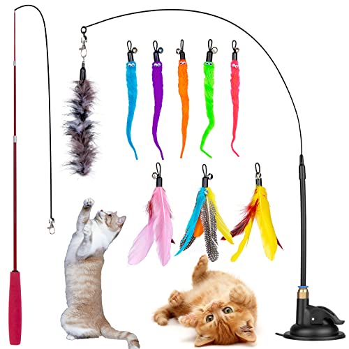 GOHHME 12pcs Katzenspielzeug Spielzeug Federn Katzenspielzeug Angel Spielzeug mit 1 Stück Katzenstäbe 9 STK Feder Ersatz mit Glocken 1 Stück Katzenstab für Trottel und 1 Saugnäpfe für Kätzchen