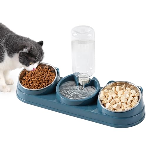 3-in-1 Katzenfutter und Wassernapf Set 15 Neigung Anti-Erbrechen Edelstahl Katzennäpfe Katze Nass- und Trockenfutter Schüssel Anti-Verschütten und Verstellbarer Futternapf für Haustiere