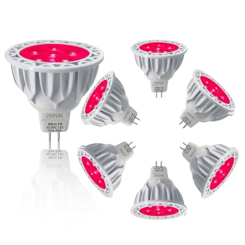 JSVSAL 6-Pack Not Dimmable Red MR16 GU5.3 Bi-Pin Base LED Bulbs 5W 20W 35W 50W Halogen Equivalent AC DC 12V Low Voltage 40 Degree Spotlights for Landscape Yard Garden Tree Pool Holiday Lighting