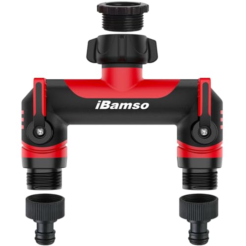 iBamso 2-Wege Verteiler 3 4 Zoll Wasserverteiler Schlauchverbinder zum Anschluss 2 Geräten Gartenschlauch Adapter mit Absperrventil Verlängerter MetallGriff für Garten Bewässerung Wasserhahn-Red