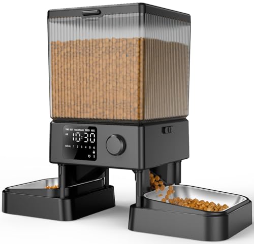 oneisall 5L Futterautomat Katze 2 Näpfe Katzenfutter Automat mit einem Knopf Einfache Bedienung Futterspender für Katzen Hunde mit Edelstahlschüssel Voice Recorder für kleine mittlere Haustiere