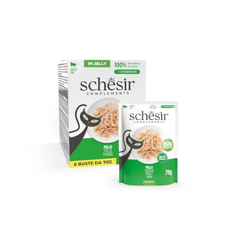 Schesir Hühnerfilets in Gelee ergänzendes Nassfutter für Katzen Originalrezept 100% natürlich 6 Beutel 70 g