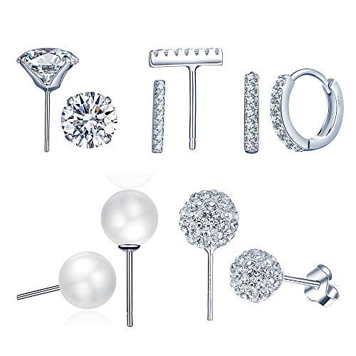 Yumilok 5 Paar 925 Silber Damen Ohrstecker Ohringe Creolen Schmuck Set Schamballs Kugeln Perle Stäbchen Zirkonia Solitär Piercing für Mädchen